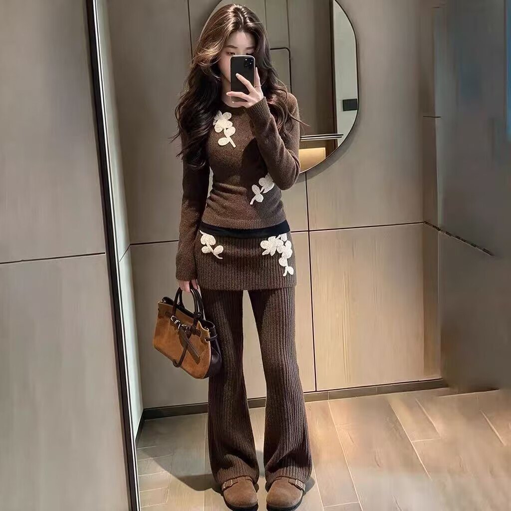플라워 자수 아플리케 골지 니트 투피스 세트