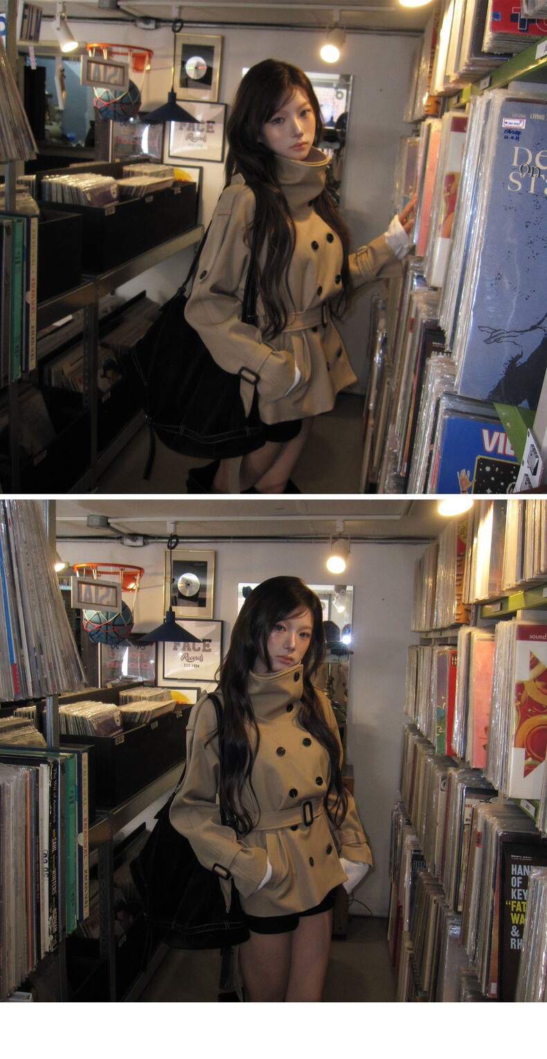 하이넥 스탠드 카라 더블 숏 트렌치 재킷