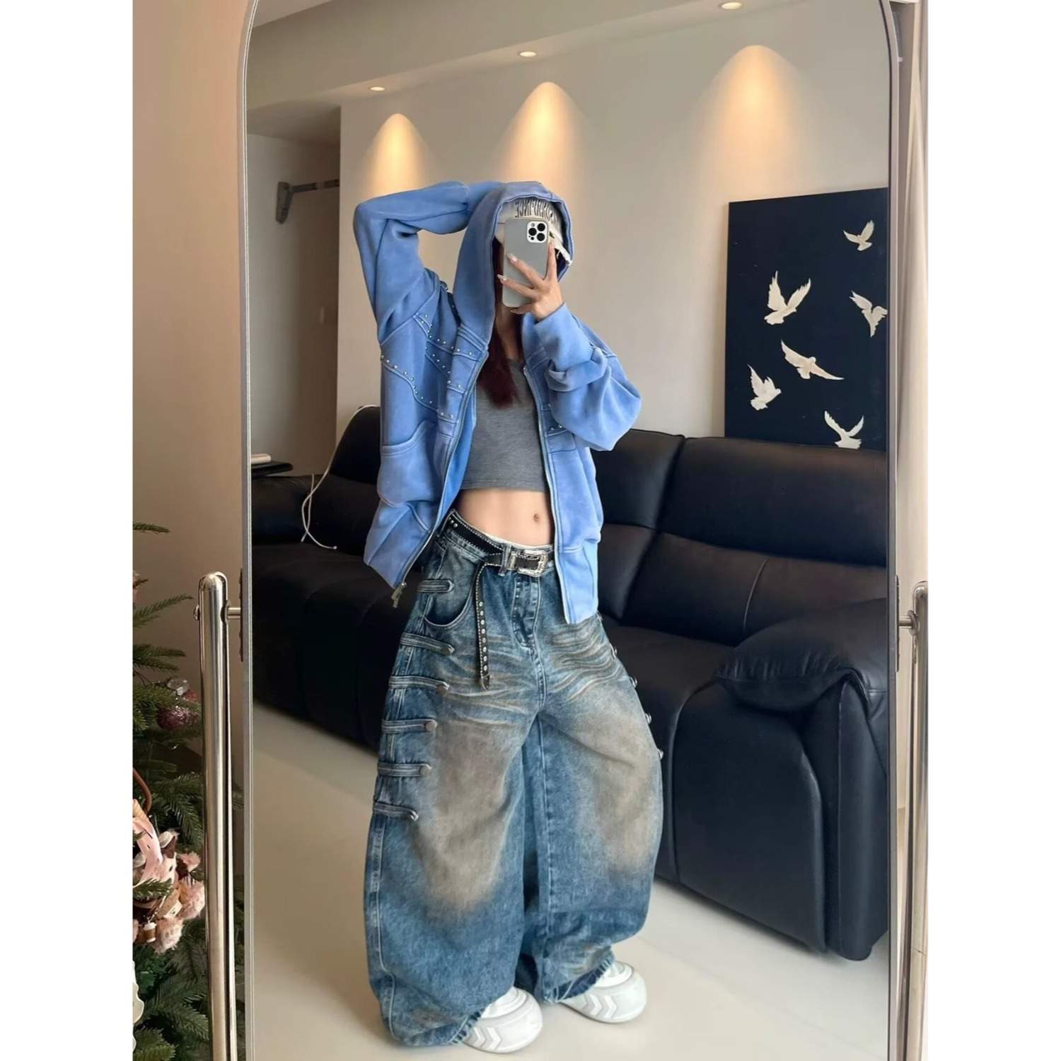 빈티지 멀티 비조 버튼 워싱 와이드 데님 팬츠