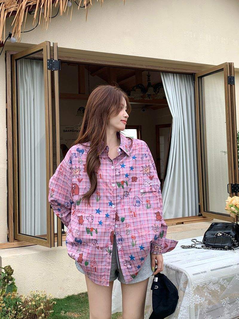 키치 그래픽 핑크 체크 오버핏 긴팔 셔츠