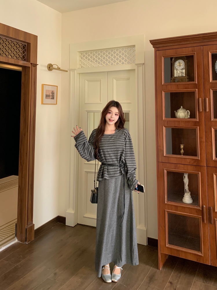 스트라이프 레이어드 슬림 맥시 원피스 세트 벨트포함
