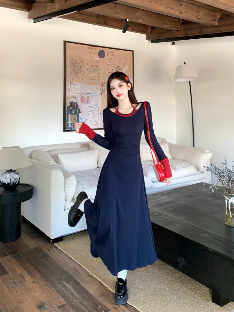 홀터 배색 넥 레이어드 A라인 맥시 롱 원피스