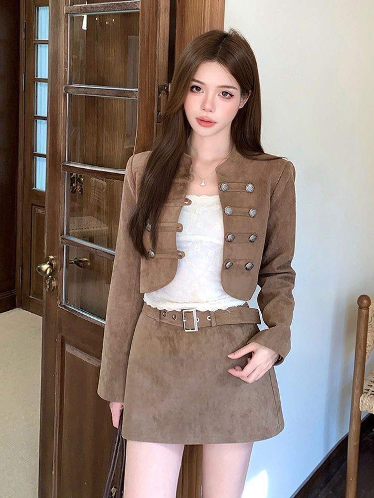 빈티지 스웨이드 밀리터리 크롭 자켓 벨티드 미니스커트 투피스 세트