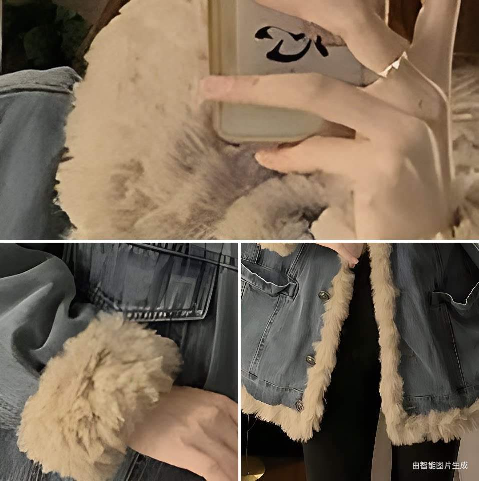 빈티지 워싱 데님 퍼 트리밍 양털 오버핏 재킷