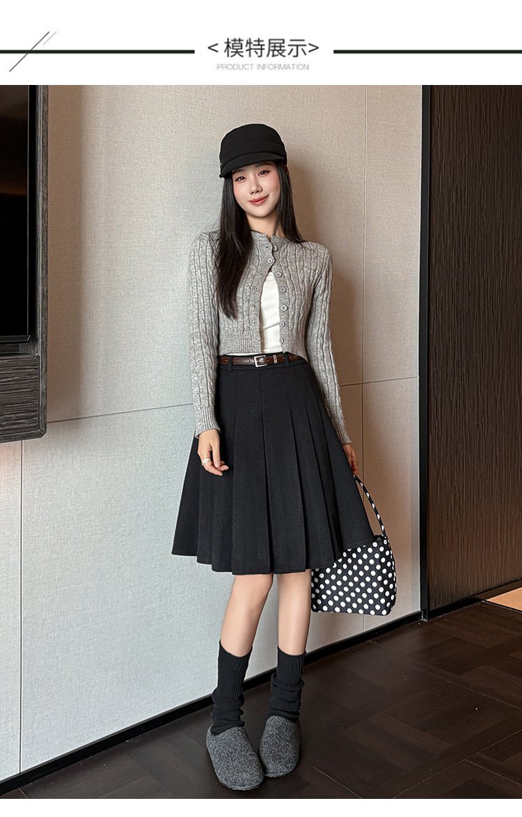 빈티지 울 믹스 딥 플리츠 벨티드 미디스커트
