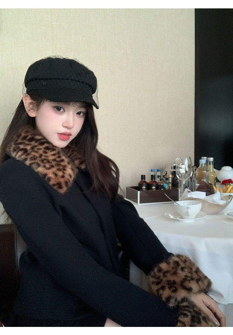 블랙 호피 퍼 카라 소매 포인트 자켓