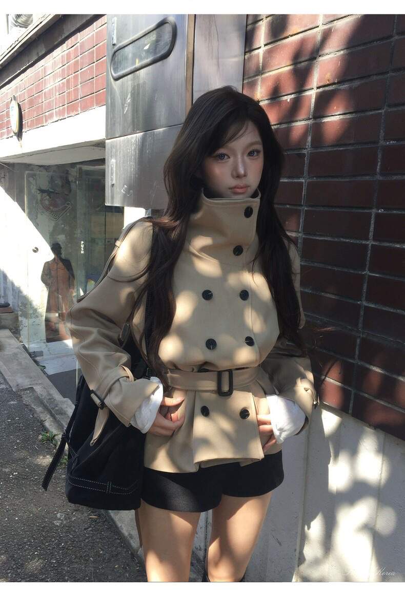 하이넥 스탠드 카라 더블 숏 트렌치 재킷