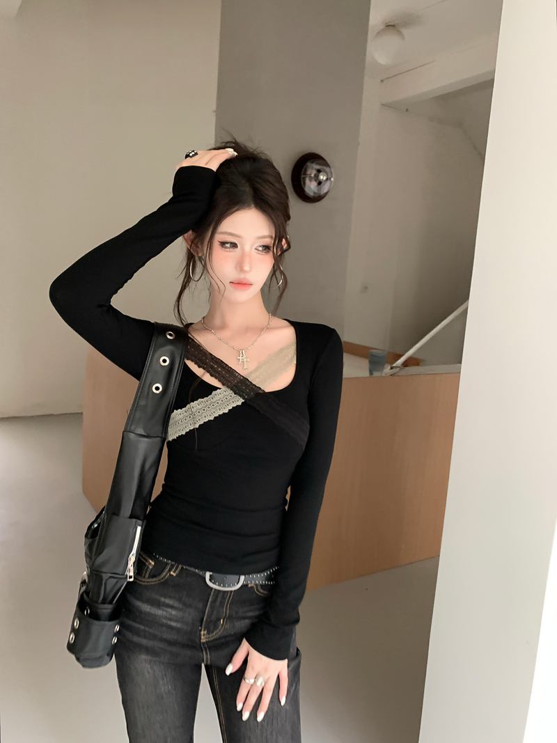 빈티지 레이스 배색 크로스 슬림 긴팔 티셔츠