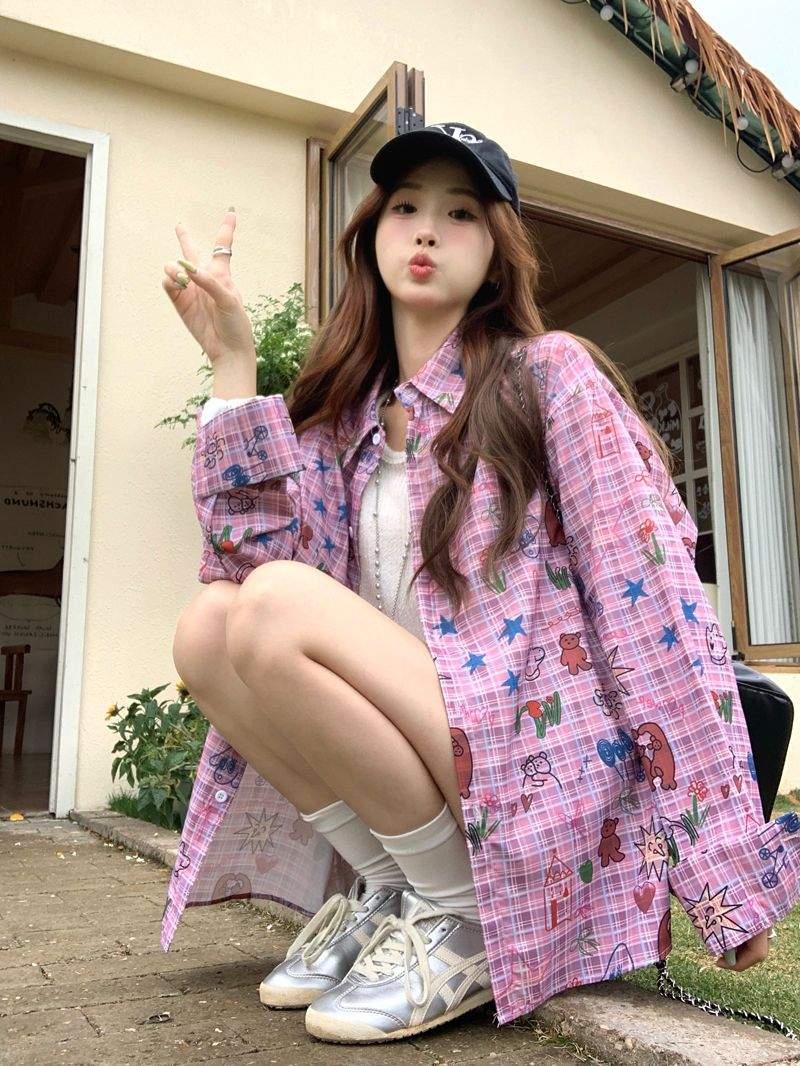 키치 그래픽 핑크 체크 오버핏 긴팔 셔츠