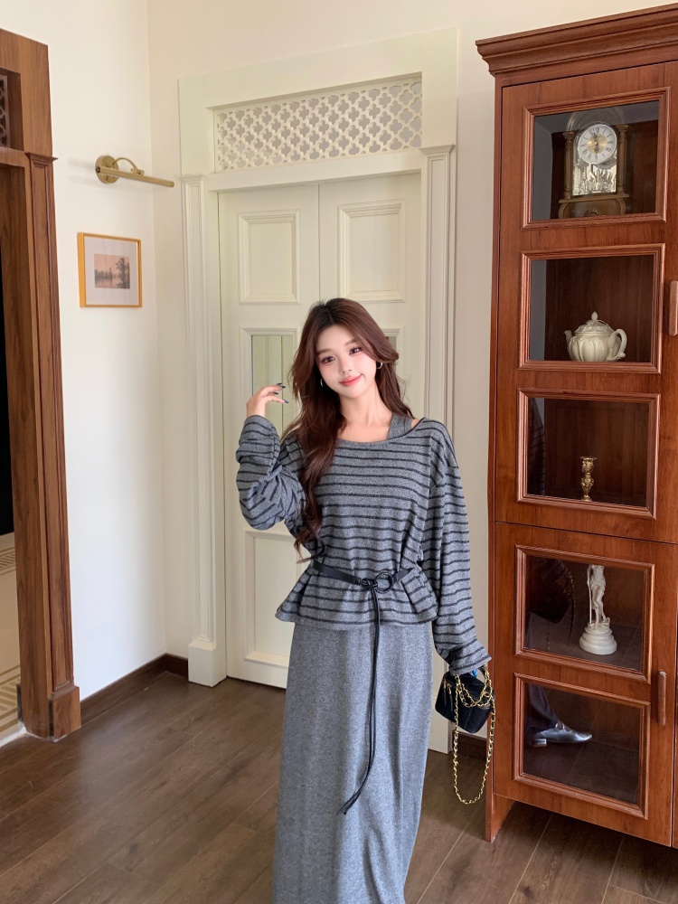스트라이프 레이어드 슬림 맥시 원피스 세트 벨트포함
