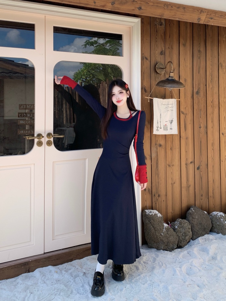 홀터 배색 넥 레이어드 A라인 맥시 롱 원피스