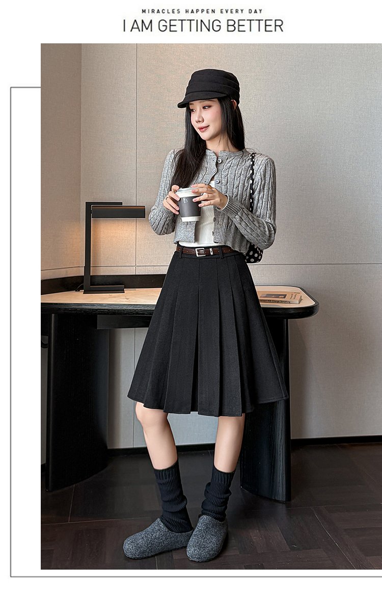 빈티지 울 믹스 딥 플리츠 벨티드 미디스커트