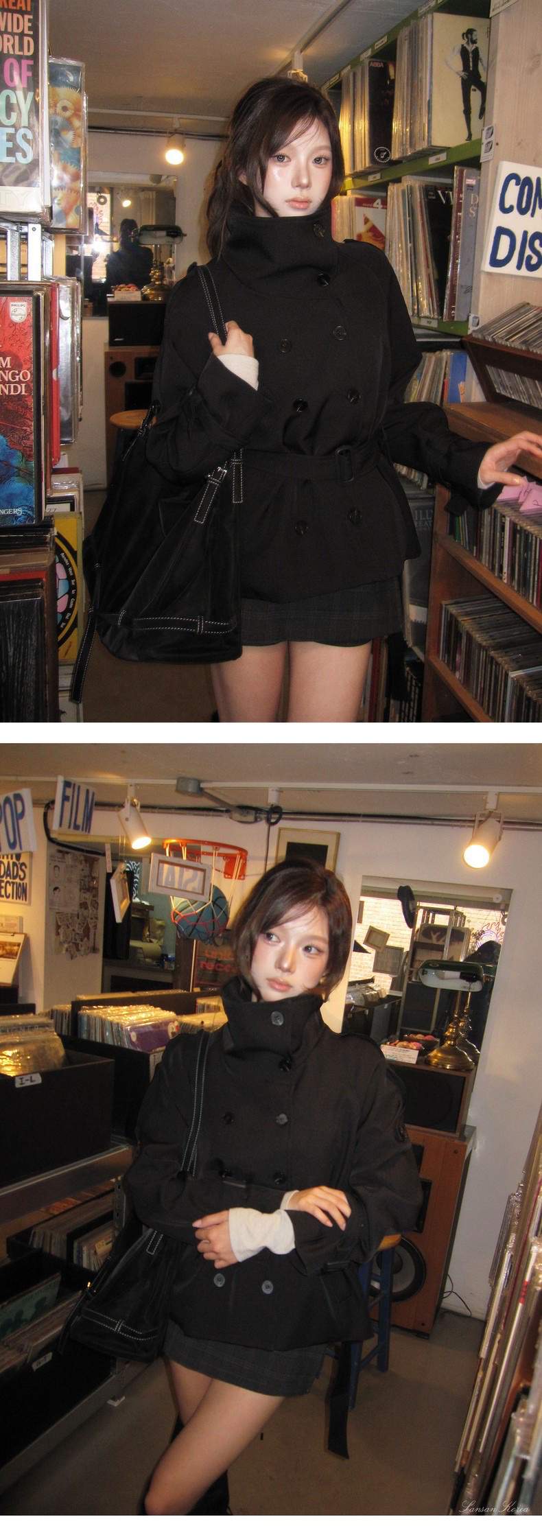 하이넥 스탠드 카라 더블 숏 트렌치 재킷