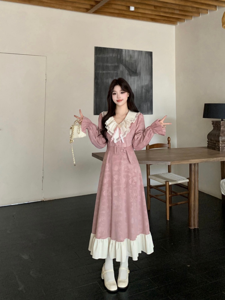 빈티지 자카드 레이스 프릴 롱 원피스 벨트세트