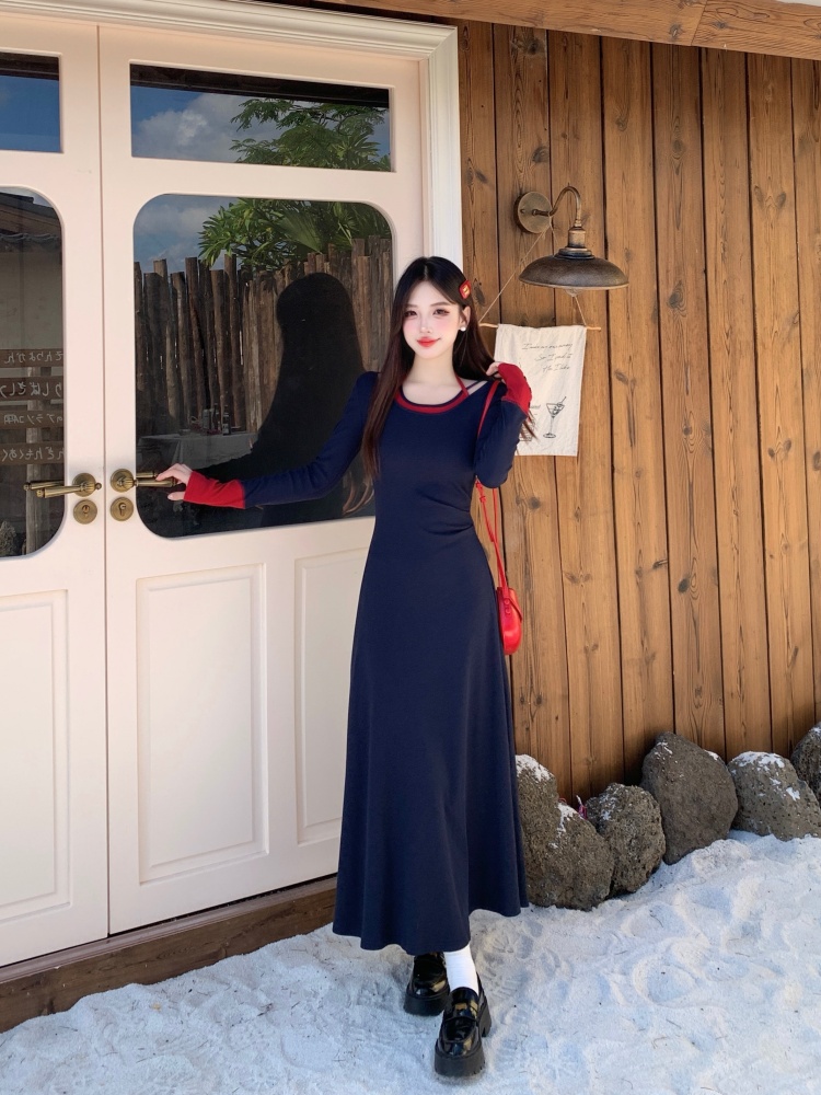 홀터 배색 넥 레이어드 A라인 맥시 롱 원피스